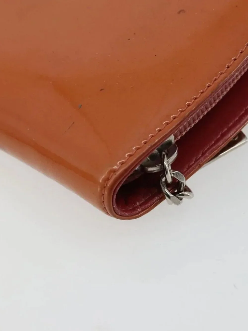 CHANEL Long Wallet Patent leather Orange Silver CC Auth bs34871